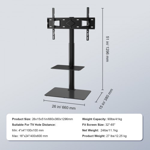 TV-bord, Drejelig høj justerbar gulv-TV-stander 66x38x129,6 cm, Sort, Hærdet glas