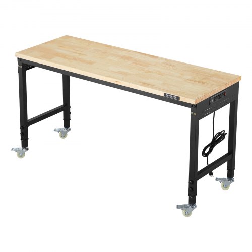 Työpöytä, säädettävä korkeus, 152.4x55.9x71.1-103 cm, tammi, pistorasia, raskas käyttö