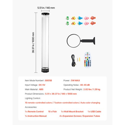Boblelampe, 140x1000 mm, 16 farver, sensorisk, beroligende, ABS