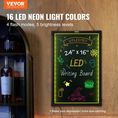 LED Besked Skrivetavle, 40.5x60.5x0.9 cm, Neon Effekt, Belyst Kridttavle