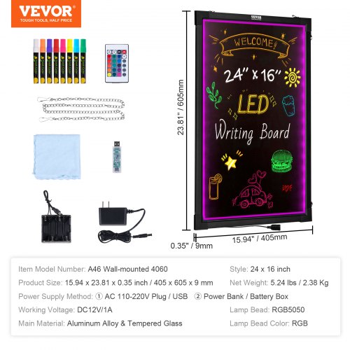 LED Besked Skrivetavle, 40.5x60.5x0.9 cm, Neon Effekt, Belyst Kridttavle