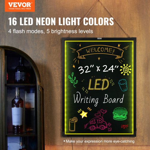LED-viestitaulu, 81,3x61 cm, valaistu pyyhittävä liitutaulu