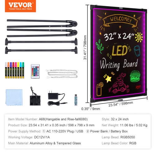 LED-viestitaulu, 81,3x61 cm, valaistu pyyhittävä liitutaulu