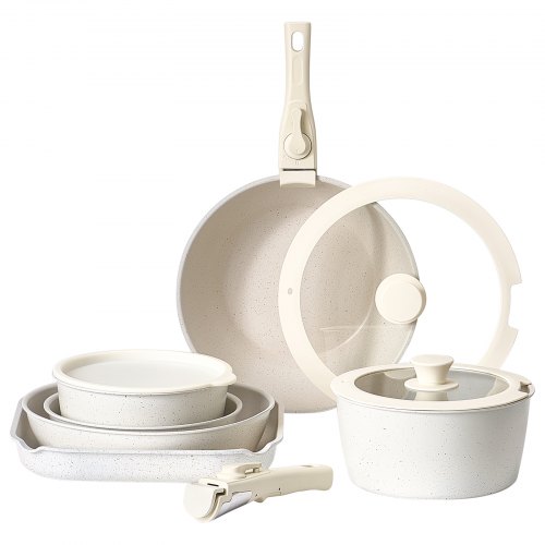 Grydesæt, 17 dele, non-stick, aftageligt håndtag, hvid, pladsbesparende