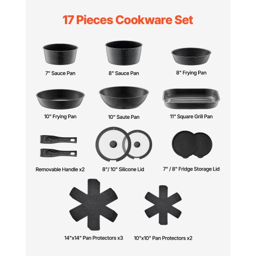 Kokkärlset, 17 delar granit nonstick avtagbart handtag, svart