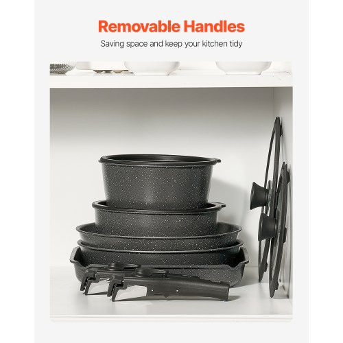 Kokkärlset, 17 delar granit nonstick avtagbart handtag, svart