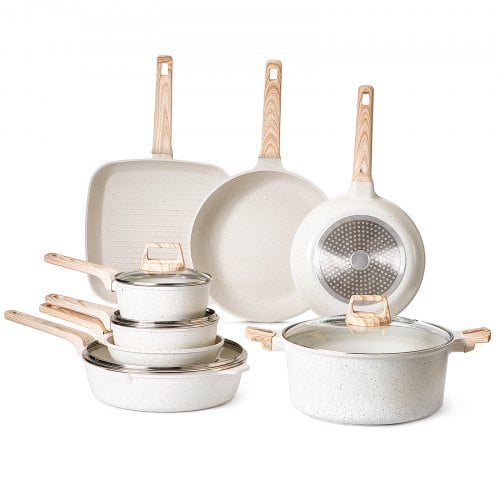 Kogegrejs sæt, 19 dele nonstick granit gryder og pander, hvid, køkken