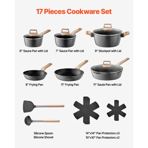 Kogegrejssæt, 17 dele, non-stick granit, sort, køkken