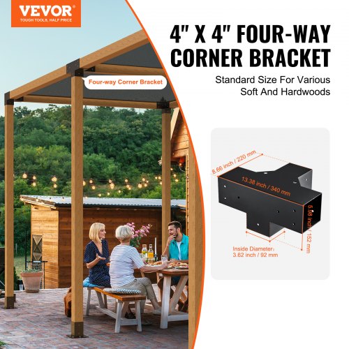 Pergola beslagssæt, 4-vejs kraftigt hjørnebeslag, 10,2x10,2 cm, sort, stål