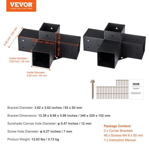 Pergola beslagssæt, 4-vejs kraftigt hjørnebeslag, 10,2x10,2 cm, sort, stål
