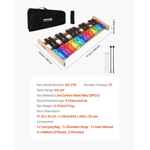 Glockenspiel xylofon, 27 toner, 4 køller, bæretaske, farverig, metaltangenter
