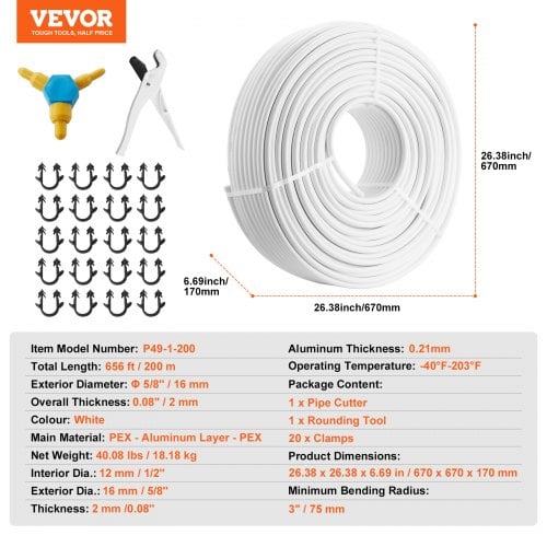 PEX-AL-PEX rør, 200 m 16 mm diameter 2 mm tykkelse, hvid, aluminium-plast komposit iltbarriere, VVS