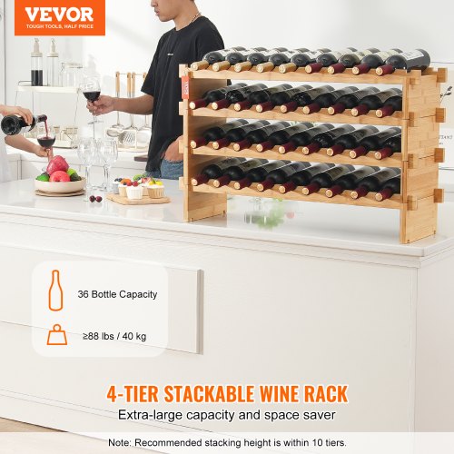 Vinreol, 36 flasker stabelbar 4-niveau, 85x25x52,5 cm, natur, bambustræ opbevaring