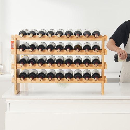 Vinreol, 36 flasker stabelbar 4-niveau, 85x25x52,5 cm, natur, bambustræ opbevaring