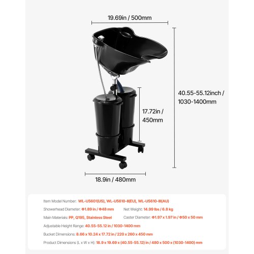 Shampoo-skål, Bærbar elektrisk justerbar vask 48x50x103-140 cm, Sort