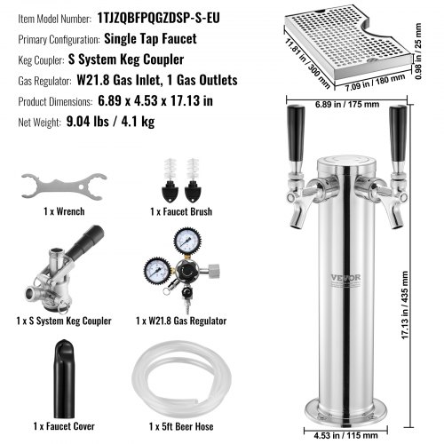 Kegerator tårnsæt, enkelt hane øldispenser, 17,5x11,5x43,5 cm, rustfrit stål