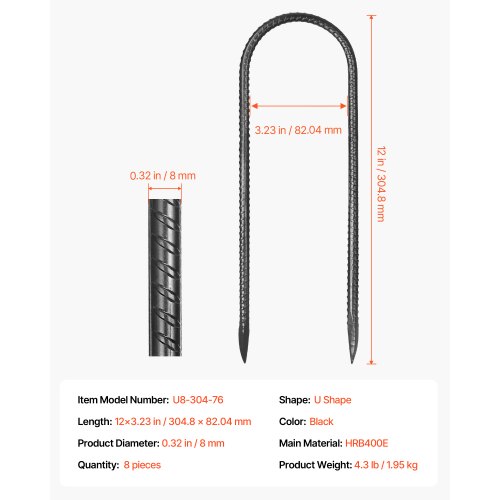 Jordankre, U-formede armeringsjernspæle, 30,5x8,2 cm, Sort, Galvaniseret stål