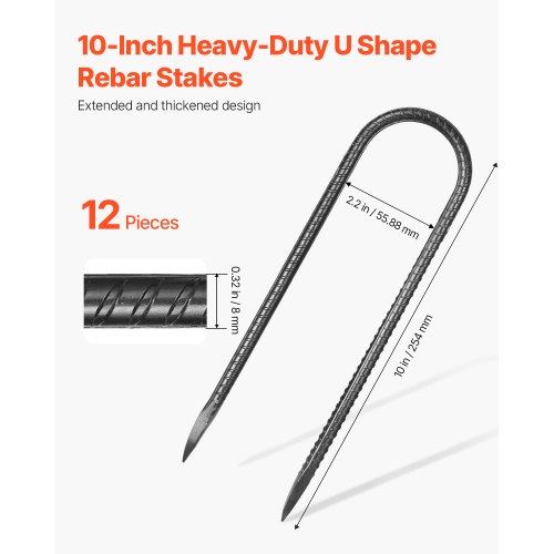 Jordanker, U-formede armeringsjernspæle 12-pak, 254x55,9 mm, Sort, Galvaniseret stål