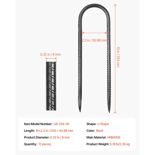 Jordanker, U-formede armeringsjernspæle 12-pak, 254x55,9 mm, Sort, Galvaniseret stål