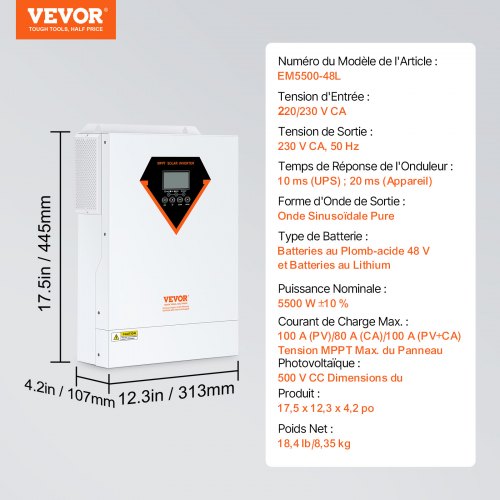 Hybrid solcelleinverter 5500W 445x313x107 mm, ren sinuskurve, oplader