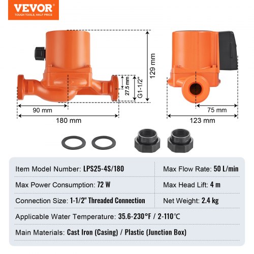 Lämminvesikiertopumppu LPS25-4S-180, 38 mm, valurauta, säädettävä
