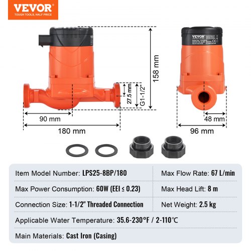 Lämminvesikiertopumppu LPS25-8BP-180, 38 mm, valurauta
