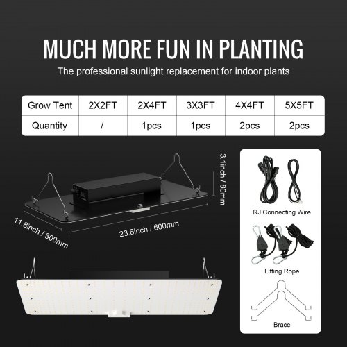 LED vækstlampe, 200W fuldspektrum dæmpbar, 30x60x7,7 cm, indendørs planter