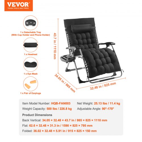 Zero Gravity-stol, 159x82,5x79,5 cm, Svart, Justerbar vilstol
