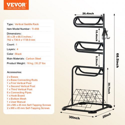 Sadelholder, 76,2x76,2x174 cm, Sort, Stålopbevaring