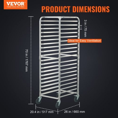 Bagerireol, 20-niveau aluminiums bakkeholder, 66x51.8x177.8 cm, Opbevaring