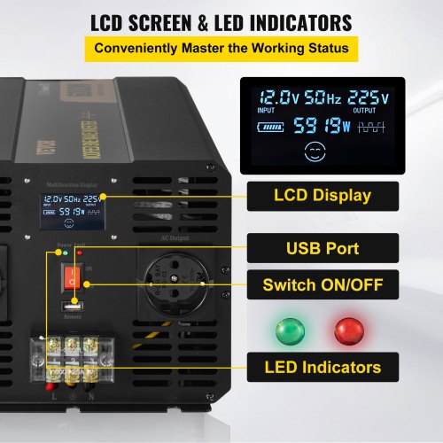Strøminverter, 6000W, 51.5x20.5x16.2 cm, LCD-display, aluminiumlegering