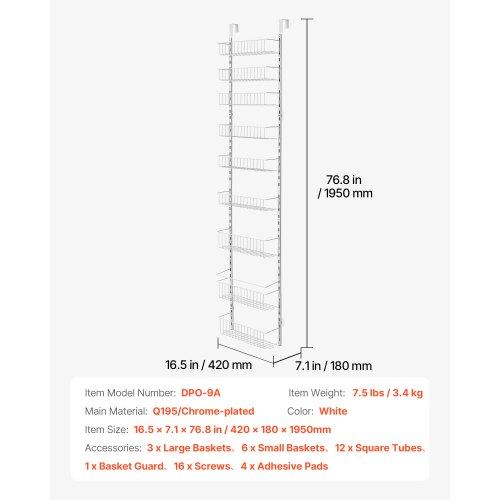 Spisekammerorganisator, 420x180x1950 mm, Hvid, Stål