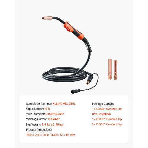 MIG-hitsauspistooli 430x12x45 mm, 250A, 15 ft kaapeli, hitsaustyökalu