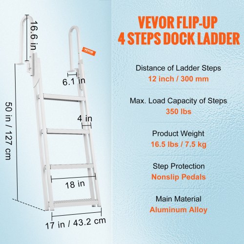 Bådbro Stige, Flip-Up 4 Trin, 45.5x63.5x166.5 cm, Aluminium