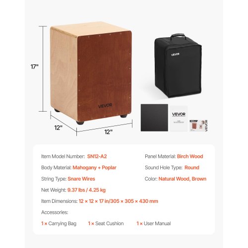 Cajon trumlåda, 30,5x30,5x43 cm, Brun, Björkträ