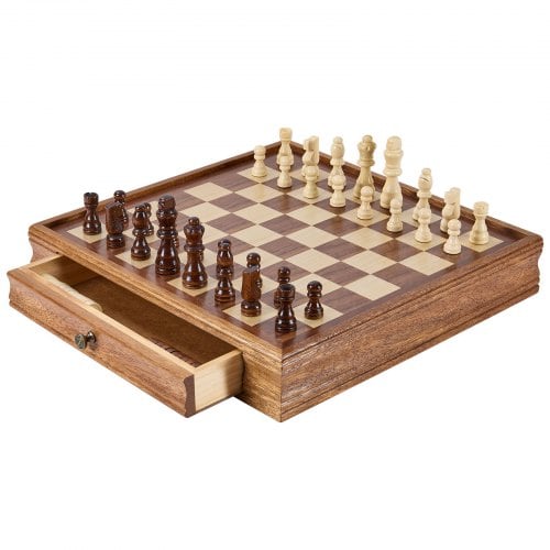 Skak- og damspil, massivt træ, 40x38x6,8 cm, valnød, opbevaringsskuffe