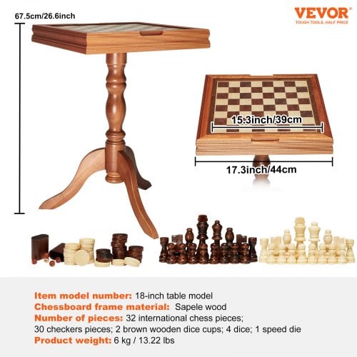 Spillebord, 3-i-1 skak dam backgammon, 65x65x67,6 cm, Træ