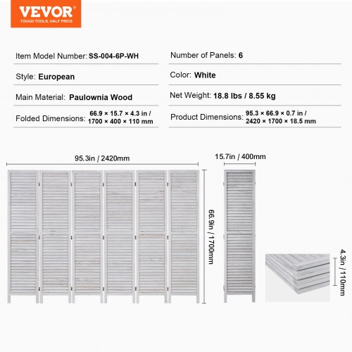 Rumdeler, 6-panel foldbar lamel skillevæg, 242x170x18,5 cm, hvid, træ