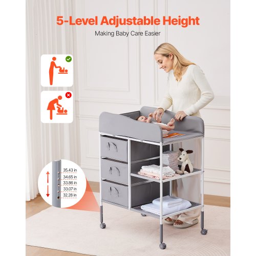 Baby puslebord, 75,5x51x100-107,5 cm, grå, stofopbevaring