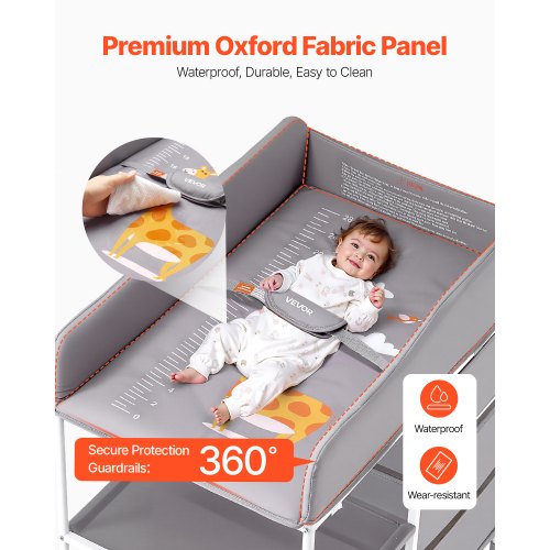 Baby puslebord, 75,5x51x100-107,5 cm, grå, stofopbevaring