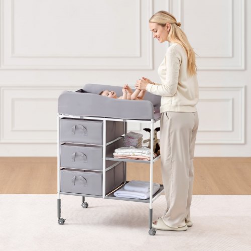 Baby puslebord, 75,5x51x100-107,5 cm, grå, stofopbevaring
