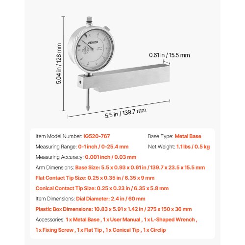 Dial Test Indicator, 275x150x36 mm, Metalbund, Præcisionstest