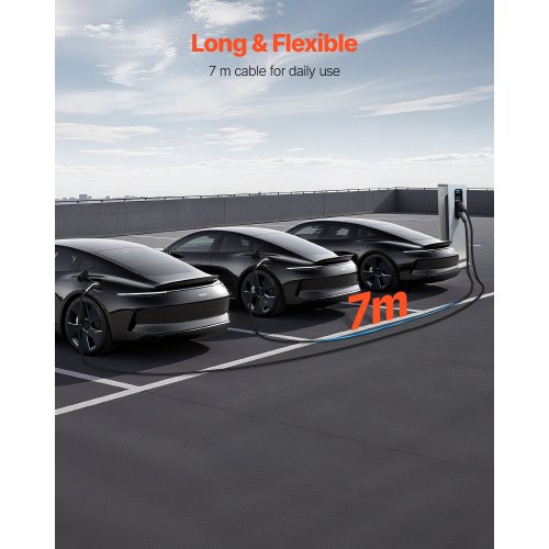 EV oplader forlængerledning, 7 m, sort, kraftig opladningskabel