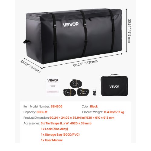 Hitch Cargo Carrier Taske, 153x61x91,3 cm, Sort, Vandtæt PVC