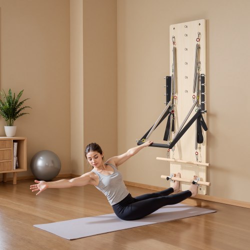 Pilates Reformer -laite, 183x56x62 cm, vaahterapuu, seinään kiinnitettävä kuntoiluväline