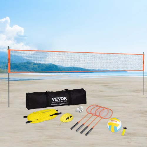Volleyball- og badminton-sæt, 970x3,2x245 cm, stål, udendørs, bærbar