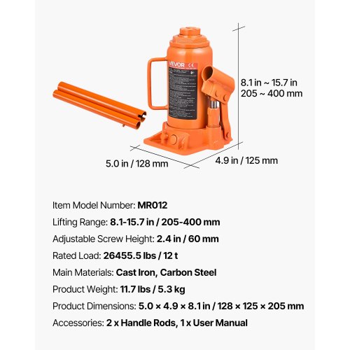 Hydraulinen pullotunkki 205x400 mm oranssi raskas teräs