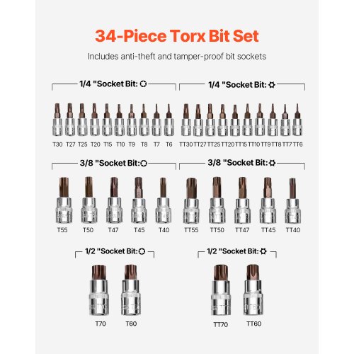 Torx bit-sættest, 34-dele, 338x195x53 mm, sort, legeret stål