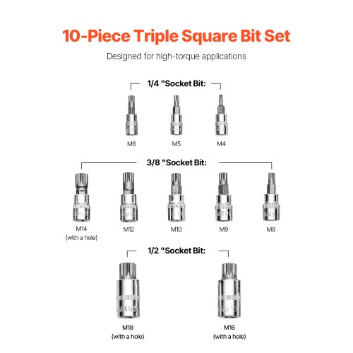 Triple Square Spline Bit Sæt, 10-dele, 21x11.2x3.8 cm, Sort, Stål