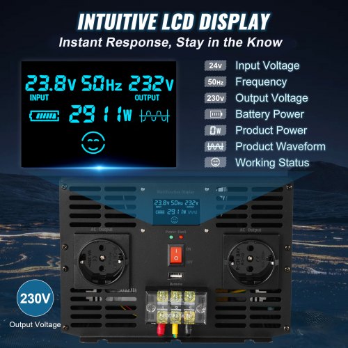 Strøminverter, Ren Sinusbølge 3000W 24V DC til 230V AC, 40,6x20,5x14,7 cm
